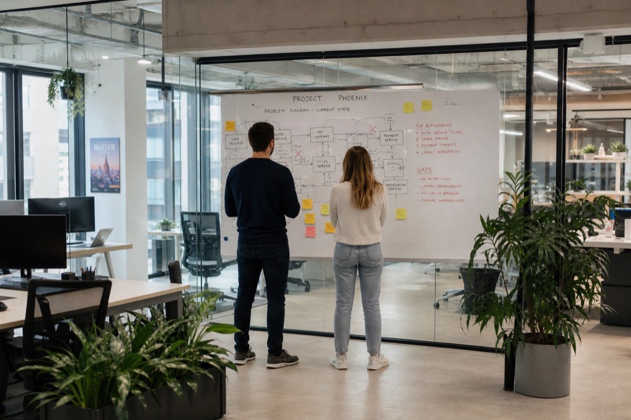 Team reviewing a project problem diagram on a whiteboard